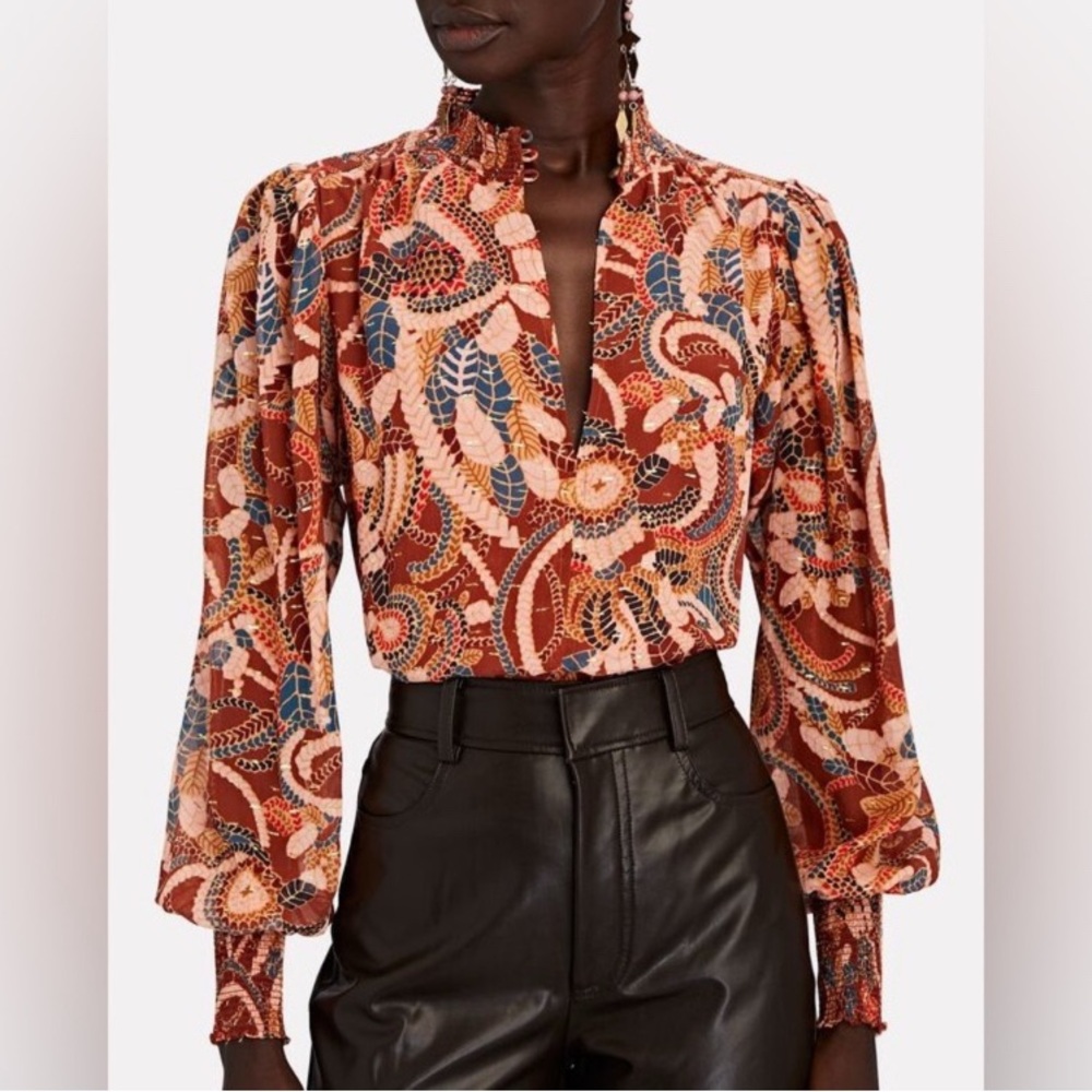 A.L.C. Silk Chiffon Metallic Thread Ginger Botanical Print Keyhole Blouse size 6